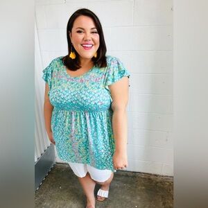 Turquoise Floral Stripe Babydoll Top